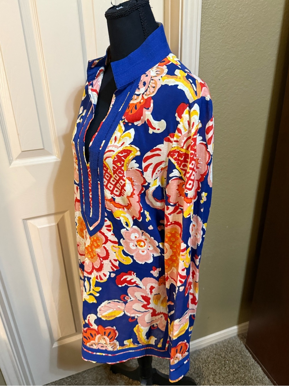 Tory Burch Blue Floral Tunic with Pink, Yellow and Orange Accents - Picture 3 of 12
